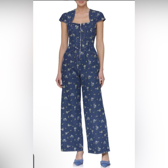 $249 Avec Les Filles Blue Floral Jumpsuit - Picture 4 of 6